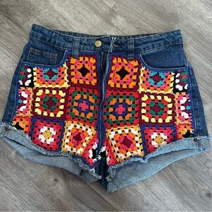 Farm Rio crochet detail denim short